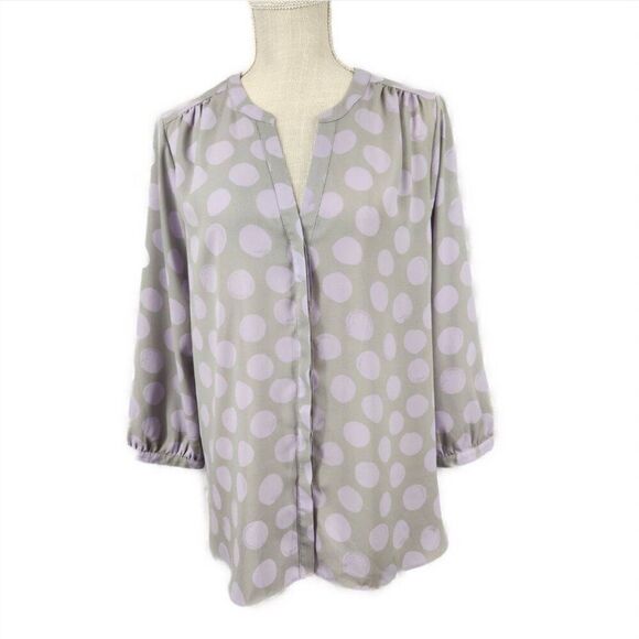 NYDJ Pintuck Button Down Blouse Womens Size Medium 3/4 Sleeve Purple Gray Dots - Picture 1 of 6